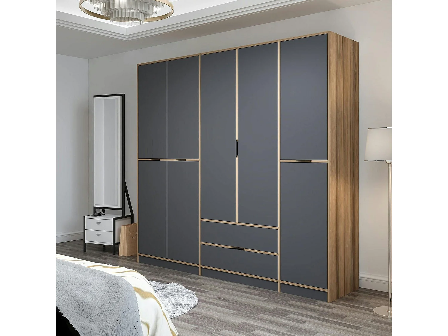 Armoire dressing chambre effet bois, 8 portes grises BYRON