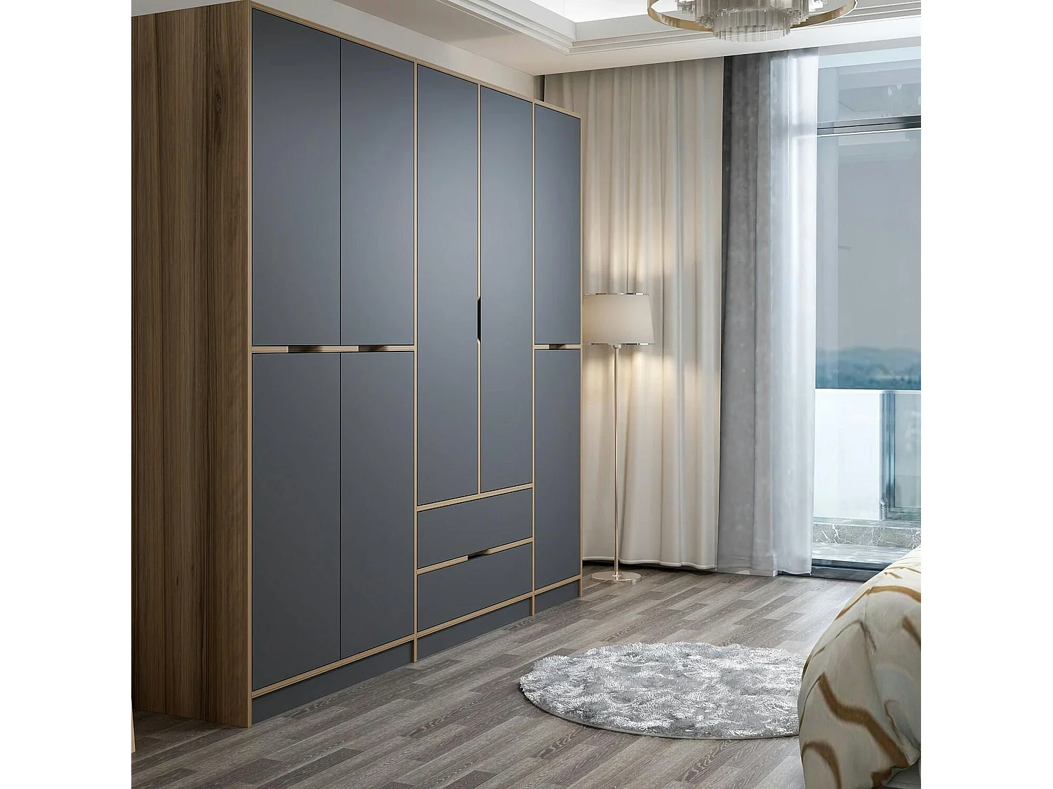 Armoire dressing chambre effet bois, 8 portes grises BYRON