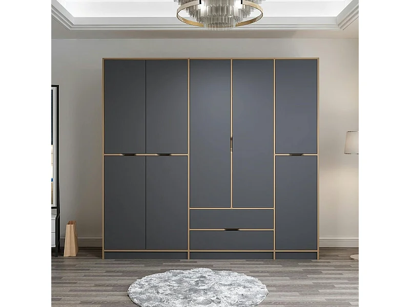 Armoire dressing chambre effet bois, 8 portes grises BYRON