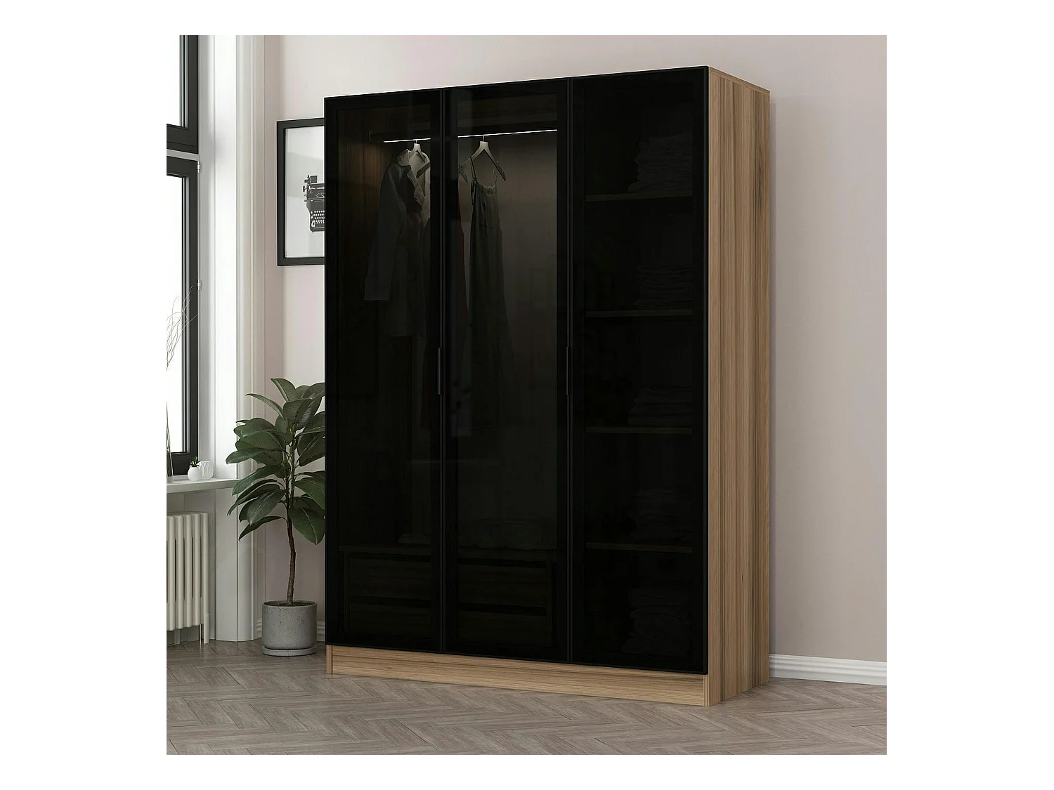 Armoire penderie design effet bois, 3 portes vitrées BYRON