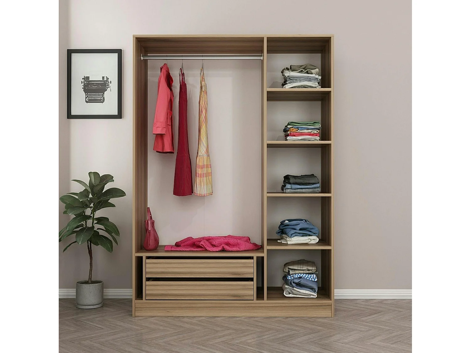 Armoire penderie design effet bois, 3 portes vitrées BYRON