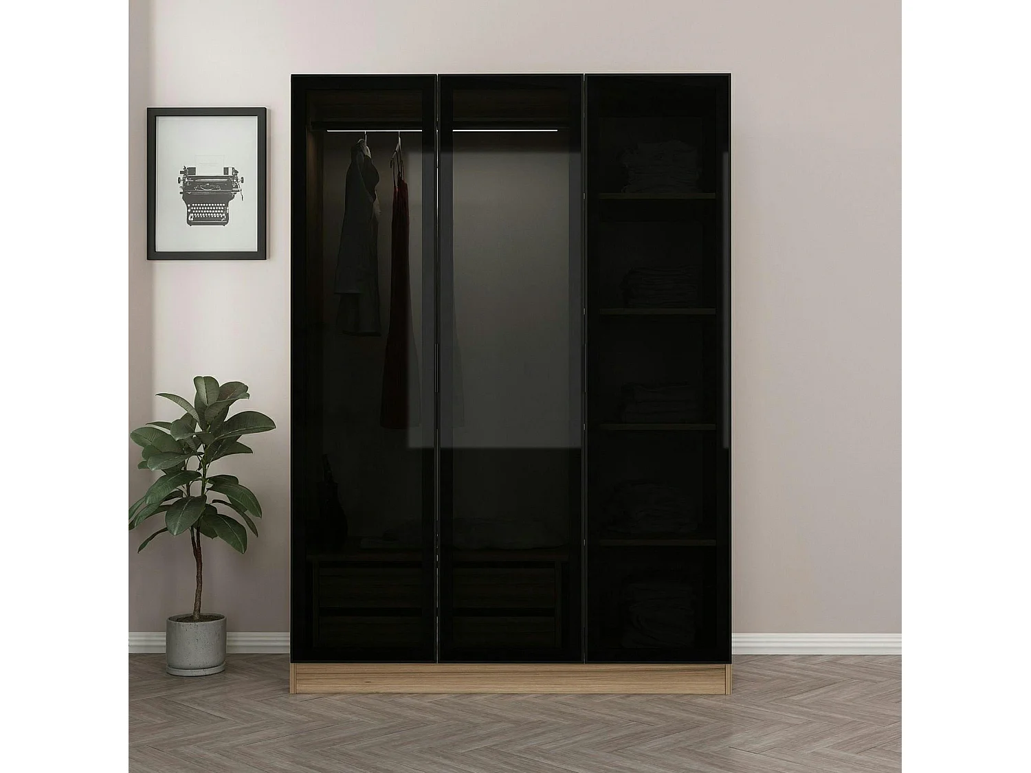 Armoire penderie design effet bois, 3 portes vitrées BYRON