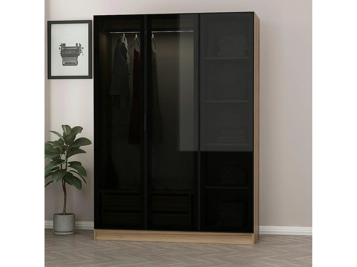 Armoire penderie design effet bois, 3 portes vitrées BYRON