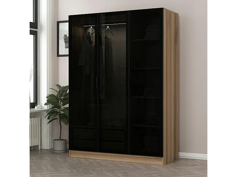 Armoire penderie design effet bois, 3 portes vitrées BYRON