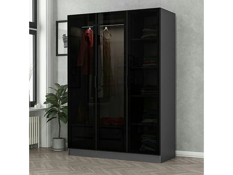 Armoire penderie grise design, 3 portes vitrées BYRON