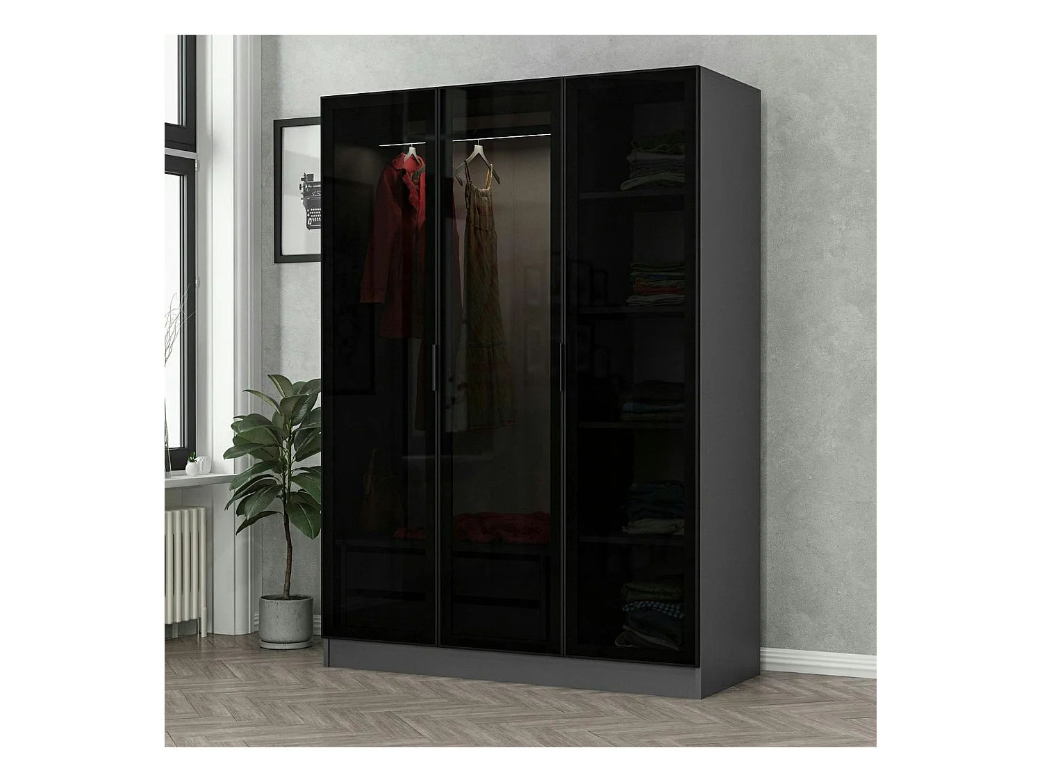 Armoire penderie grise design, 3 portes vitrées BYRON