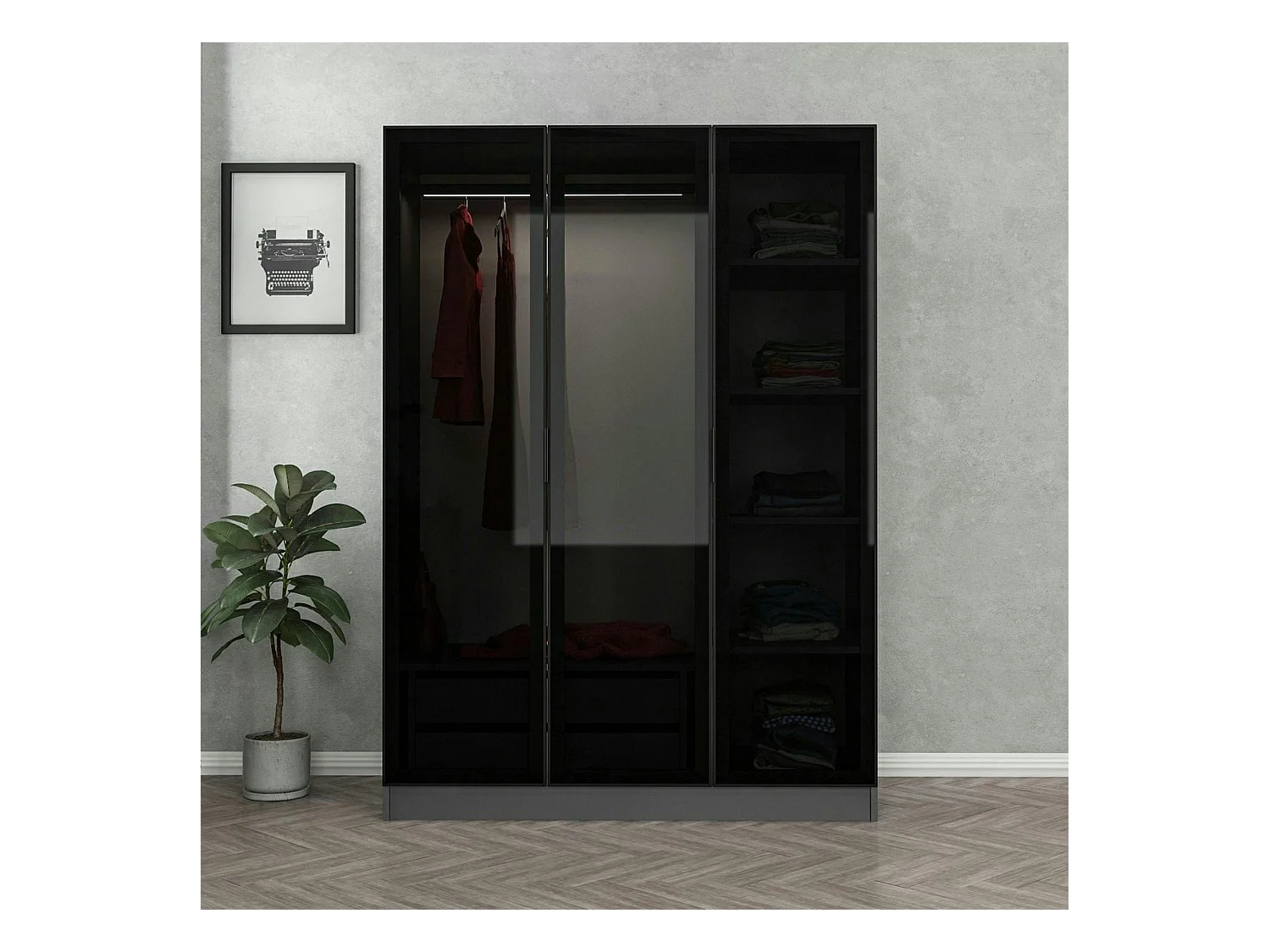 Armoire penderie grise design, 3 portes vitrées BYRON