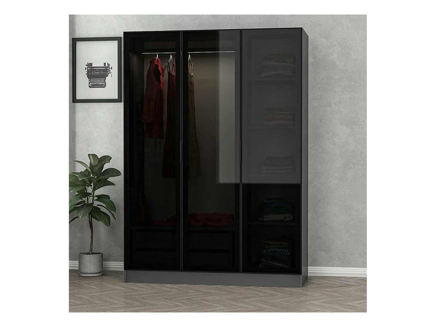 Armoire penderie grise design, 3 portes vitrées BYRON