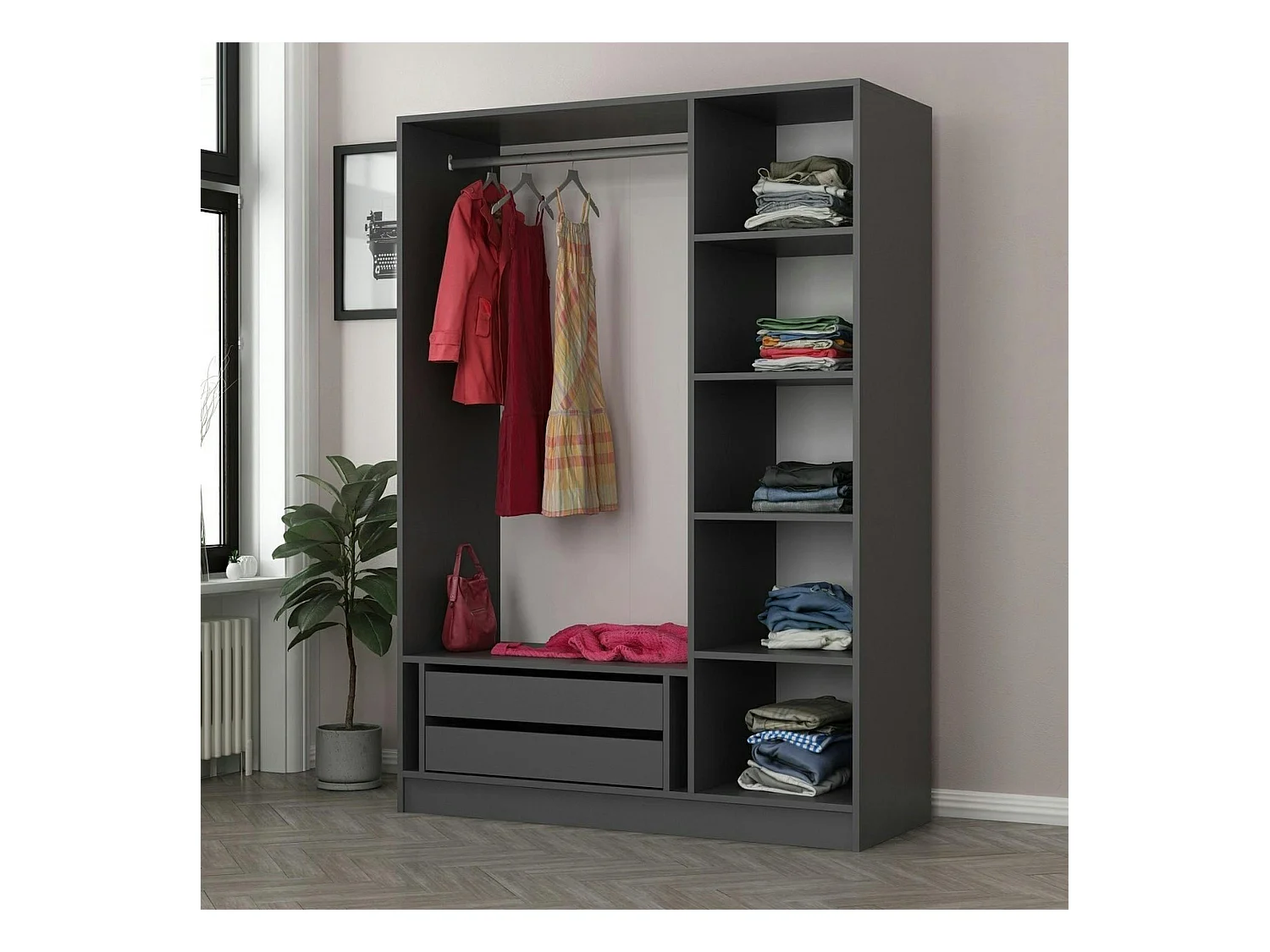 Armoire penderie grise design, 3 portes vitrées BYRON