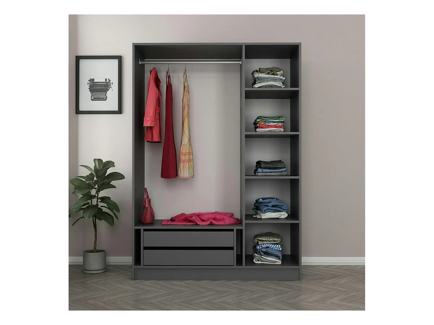 Armoire penderie grise design, 3 portes vitrées BYRON