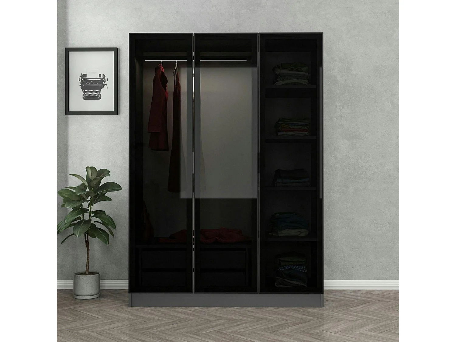 Armoire penderie grise design, 3 portes vitrées BYRON