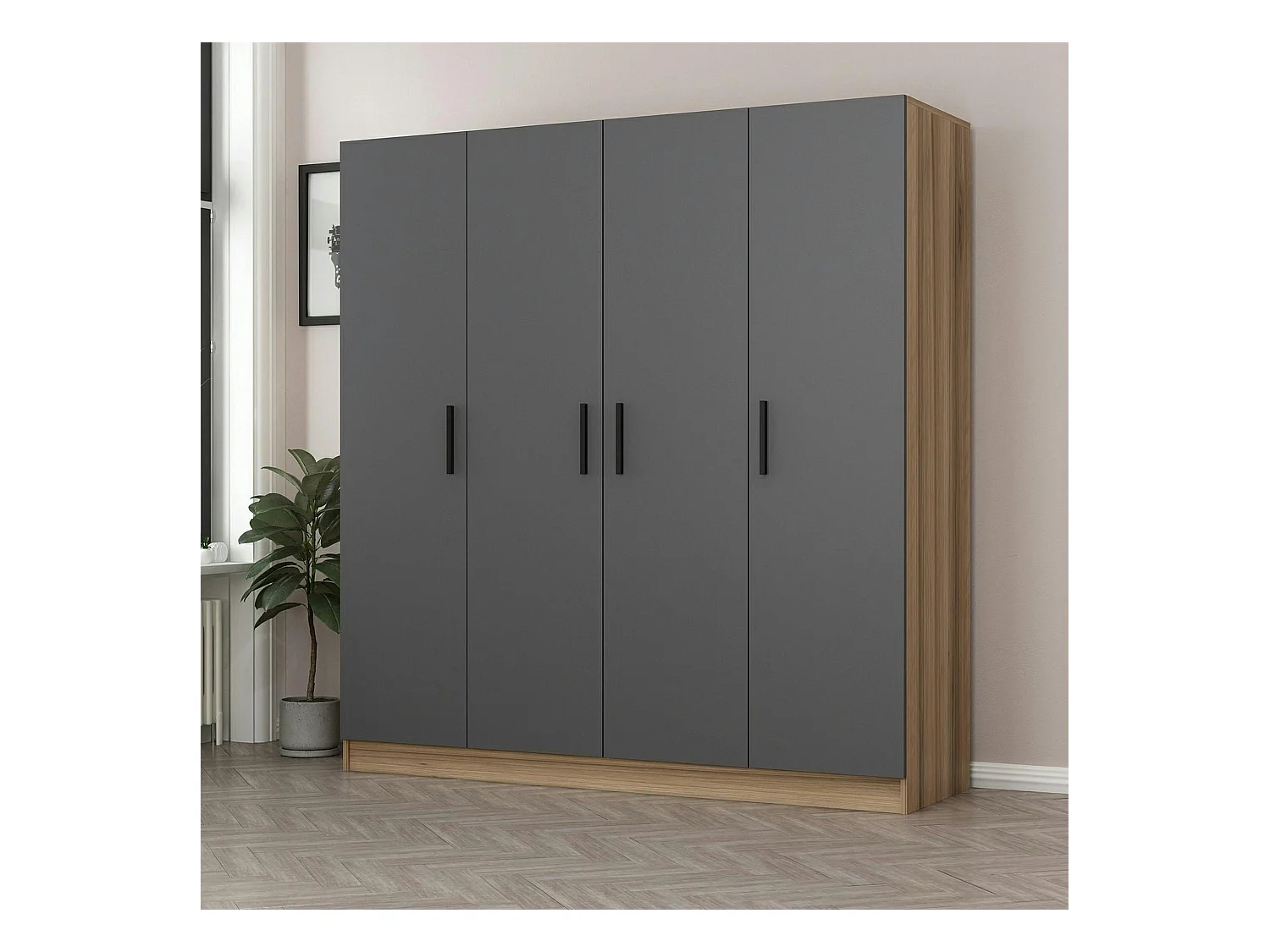 Armoire penderie moderne effet bois et gris BYRON