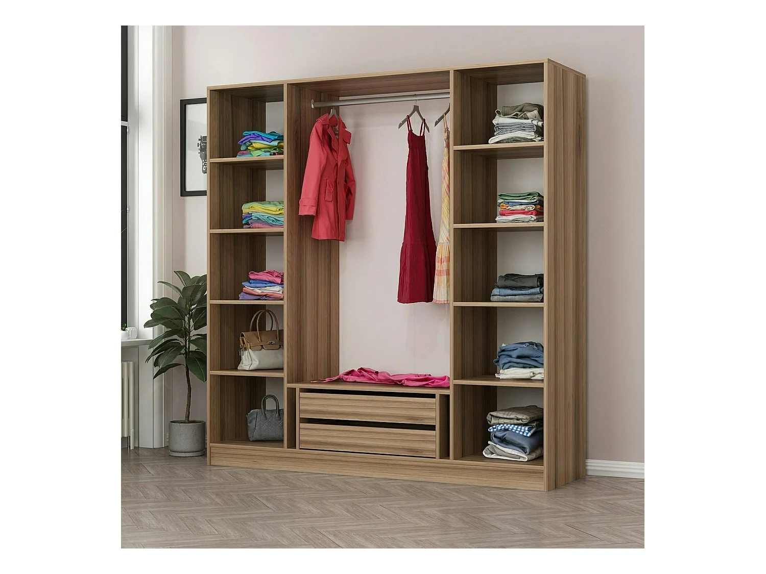 Armoire penderie moderne effet bois et gris BYRON