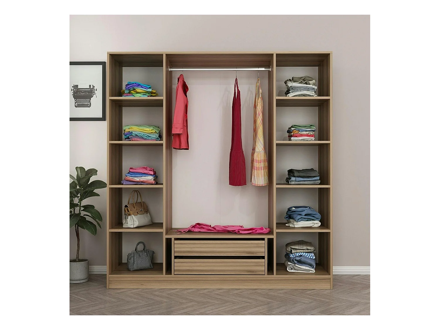 Armoire penderie moderne effet bois et gris BYRON