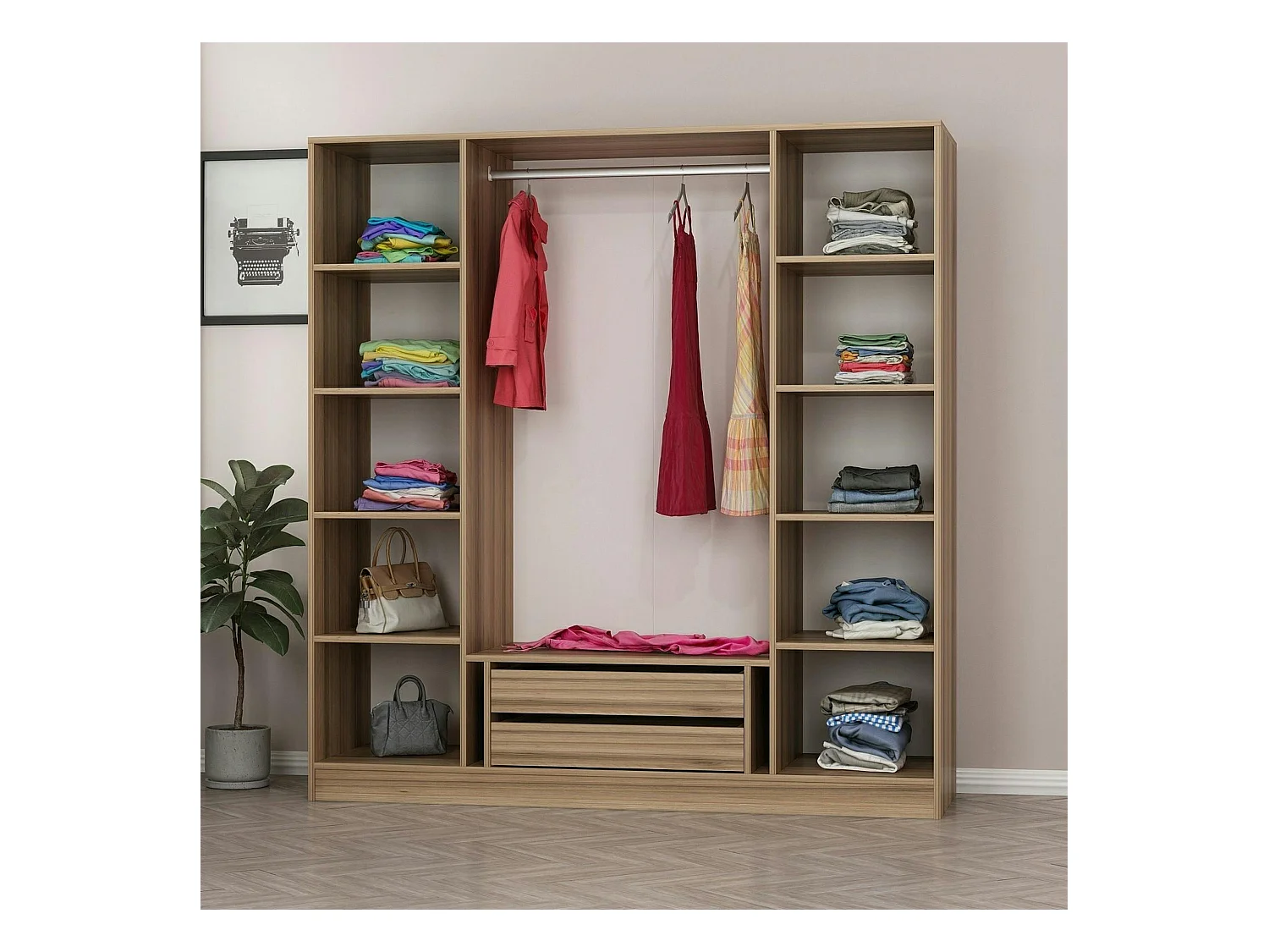 Armoire penderie moderne effet bois et gris BYRON