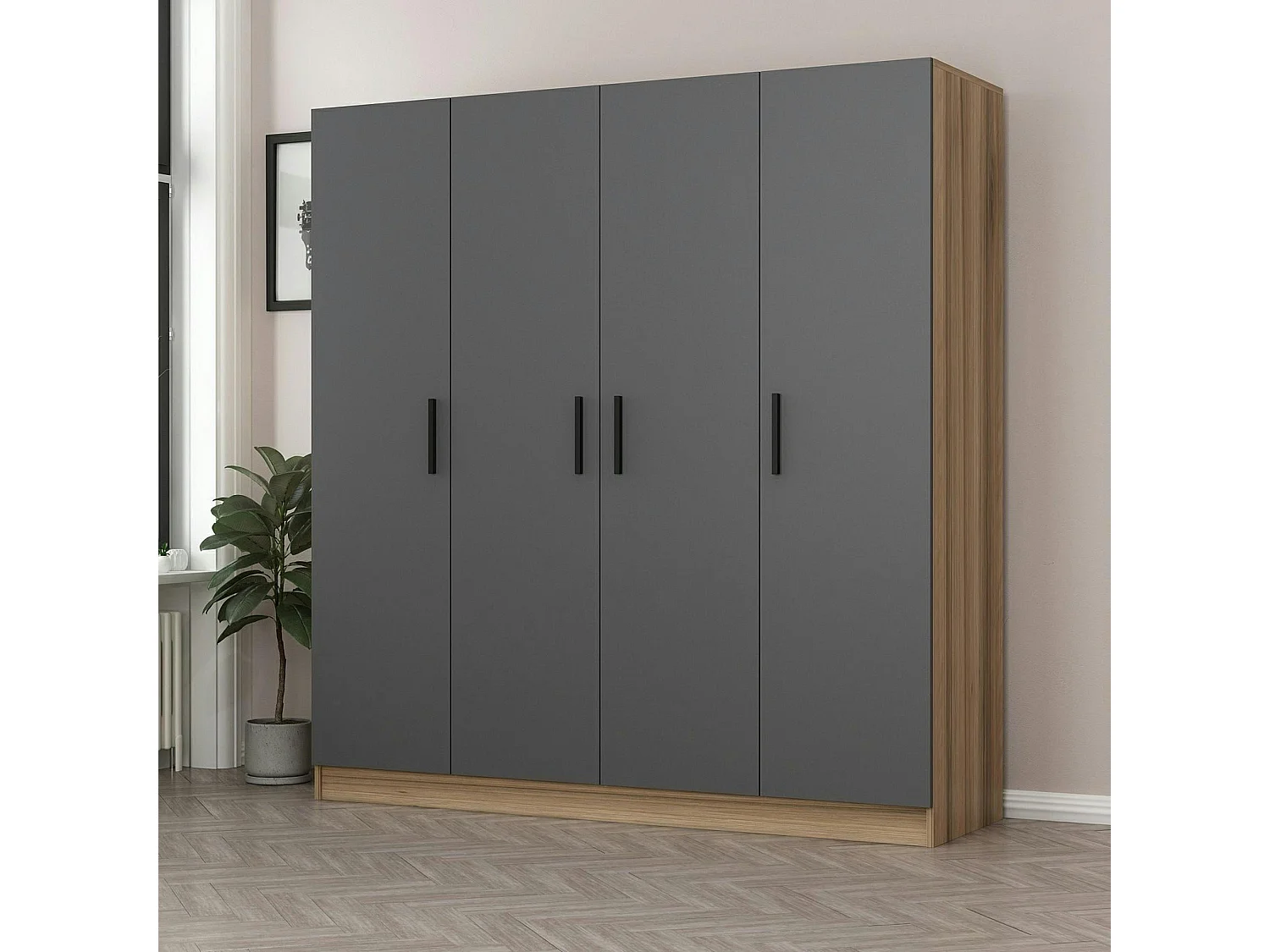 Armoire penderie moderne effet bois et gris BYRON