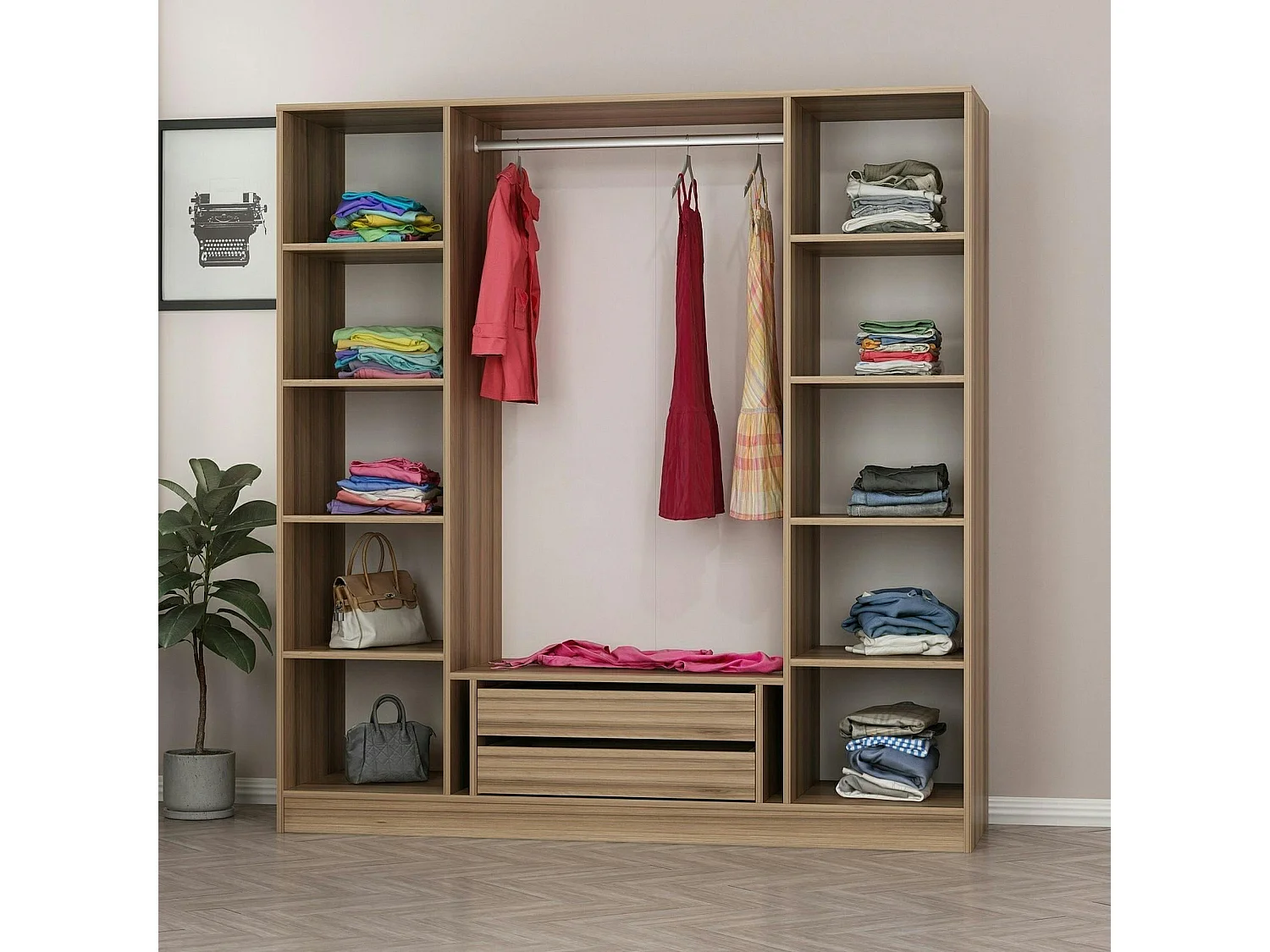 Armoire penderie moderne effet bois et gris BYRON