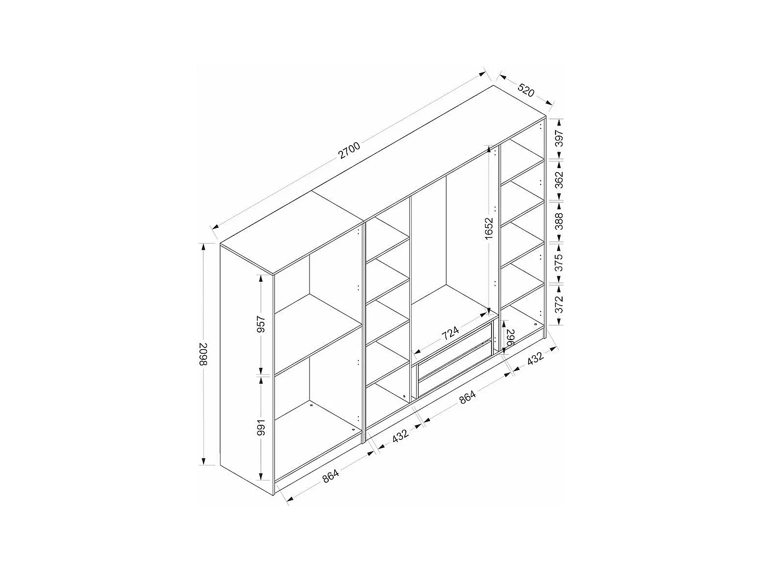 Armoire dressing design effet bois 2 portes verre L 270 cm BYRON