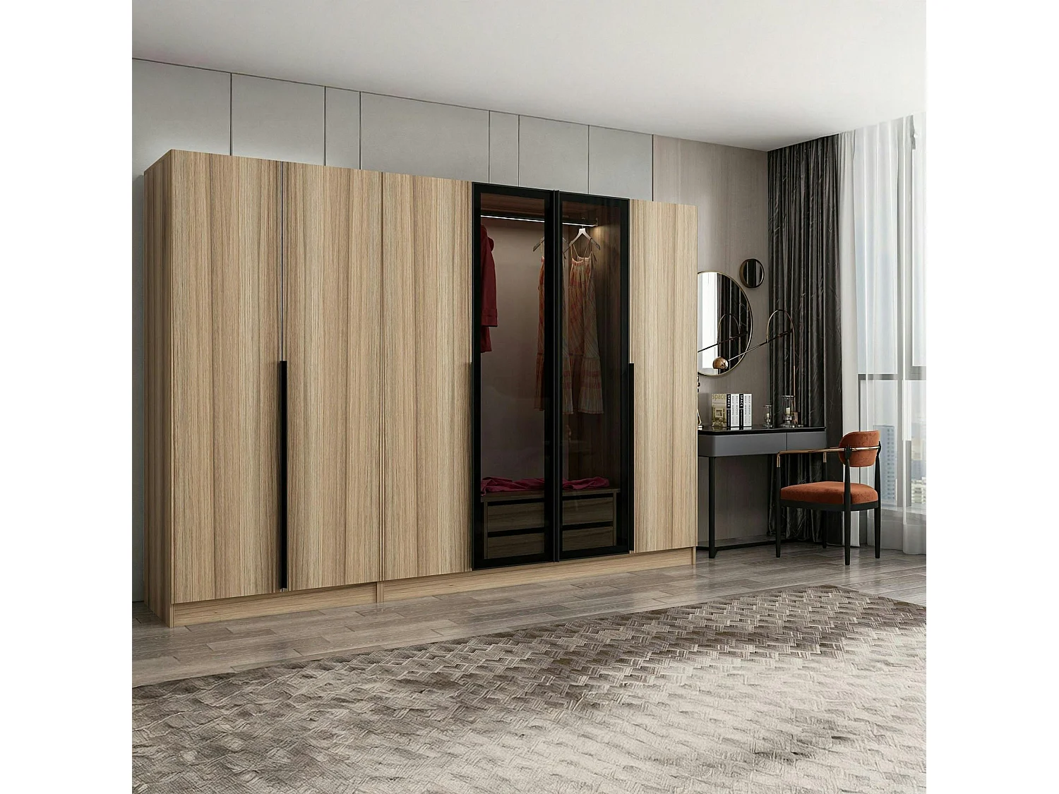 Armoire dressing design effet bois 2 portes verre L 270 cm BYRON