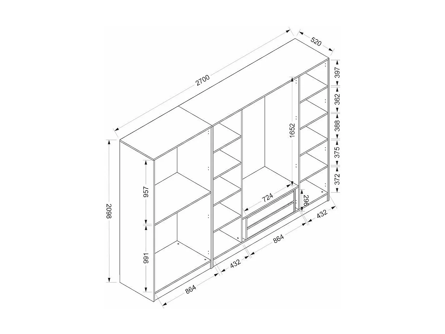 Armoire dressing design effet bois 2 portes verre L 270 cm BYRON