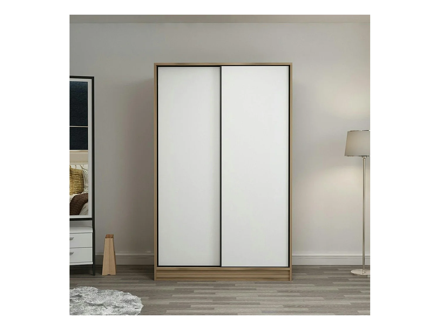 Armoire penderie portes coulissantes effet bois & blanc BYRON