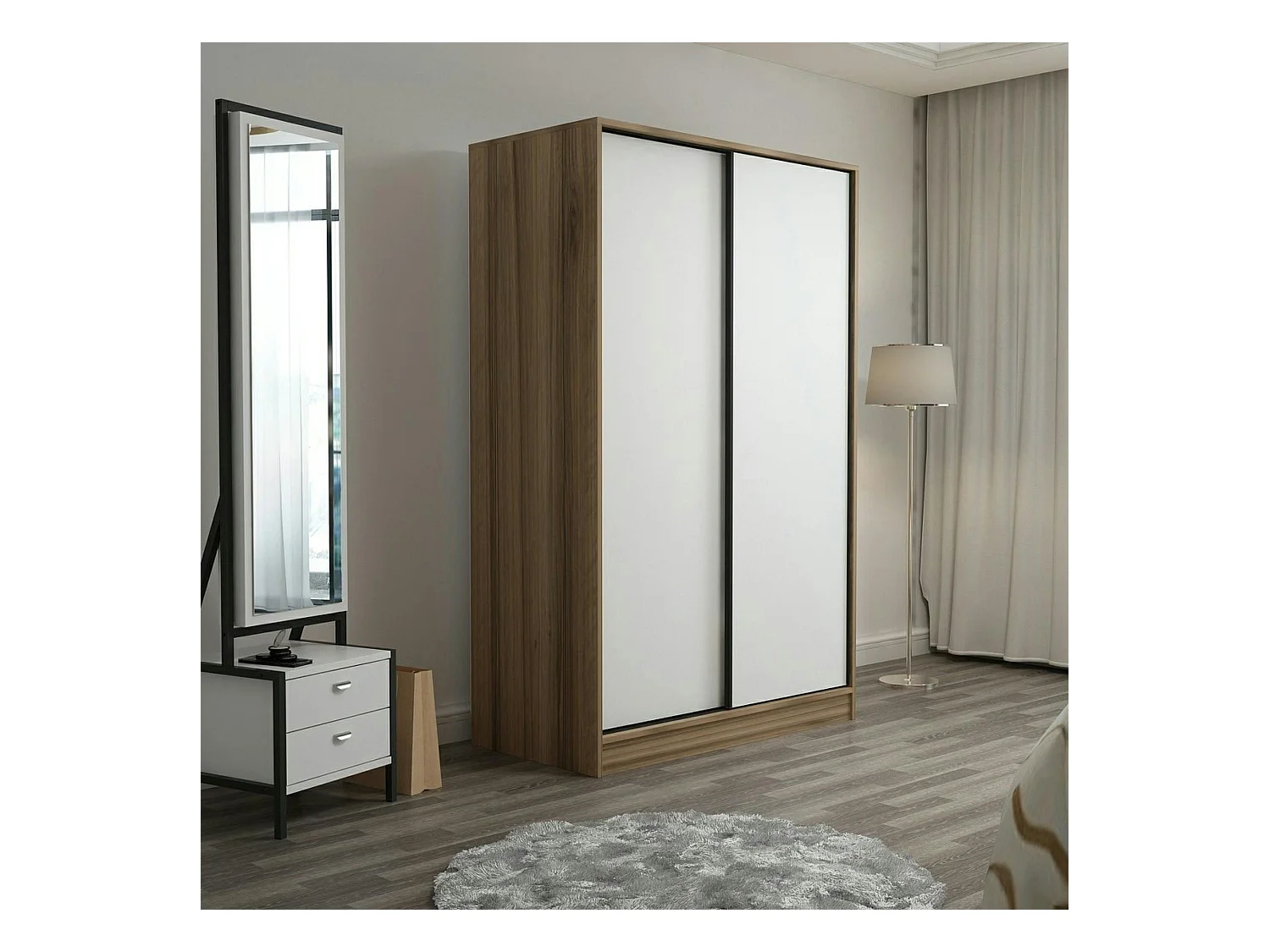 Armoire penderie portes coulissantes effet bois & blanc BYRON