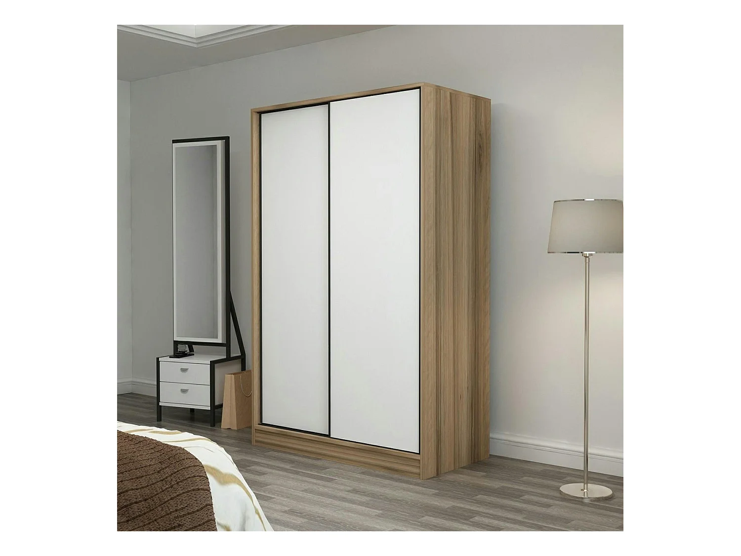 Armoire penderie portes coulissantes effet bois & blanc BYRON