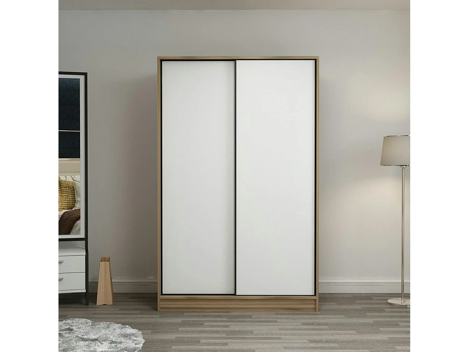 Armoire penderie portes coulissantes effet bois & blanc BYRON