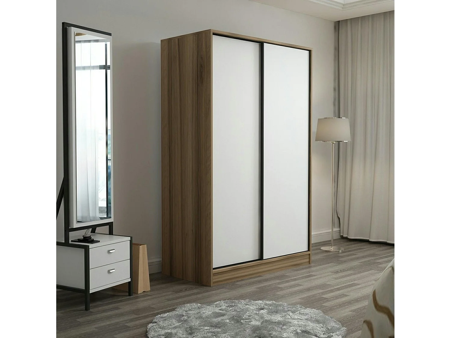 Armoire penderie portes coulissantes effet bois & blanc BYRON