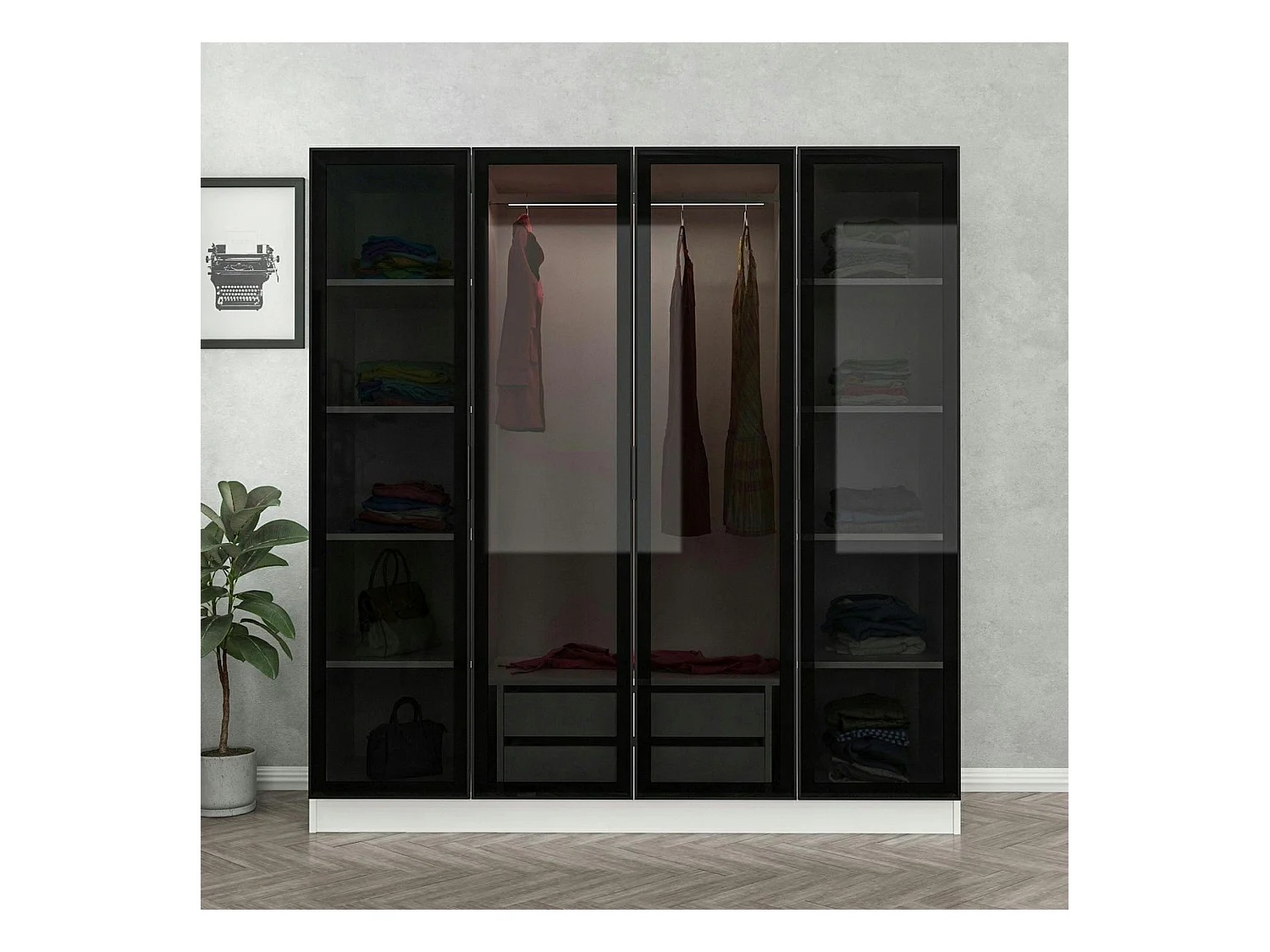 Armoire penderie blanche 4 portes vitrées H 190 cm BYRON