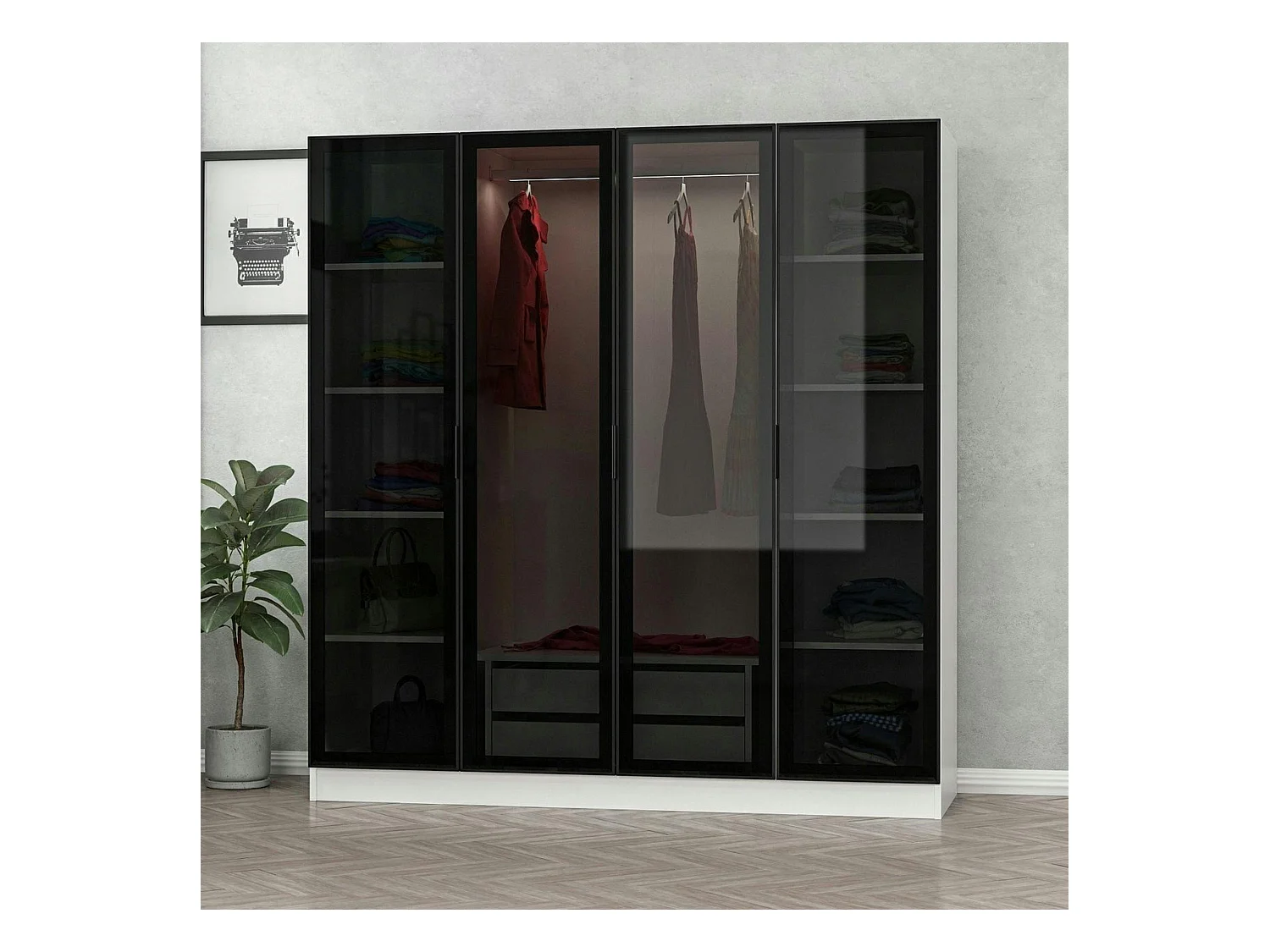 Armoire penderie blanche 4 portes vitrées H 190 cm BYRON