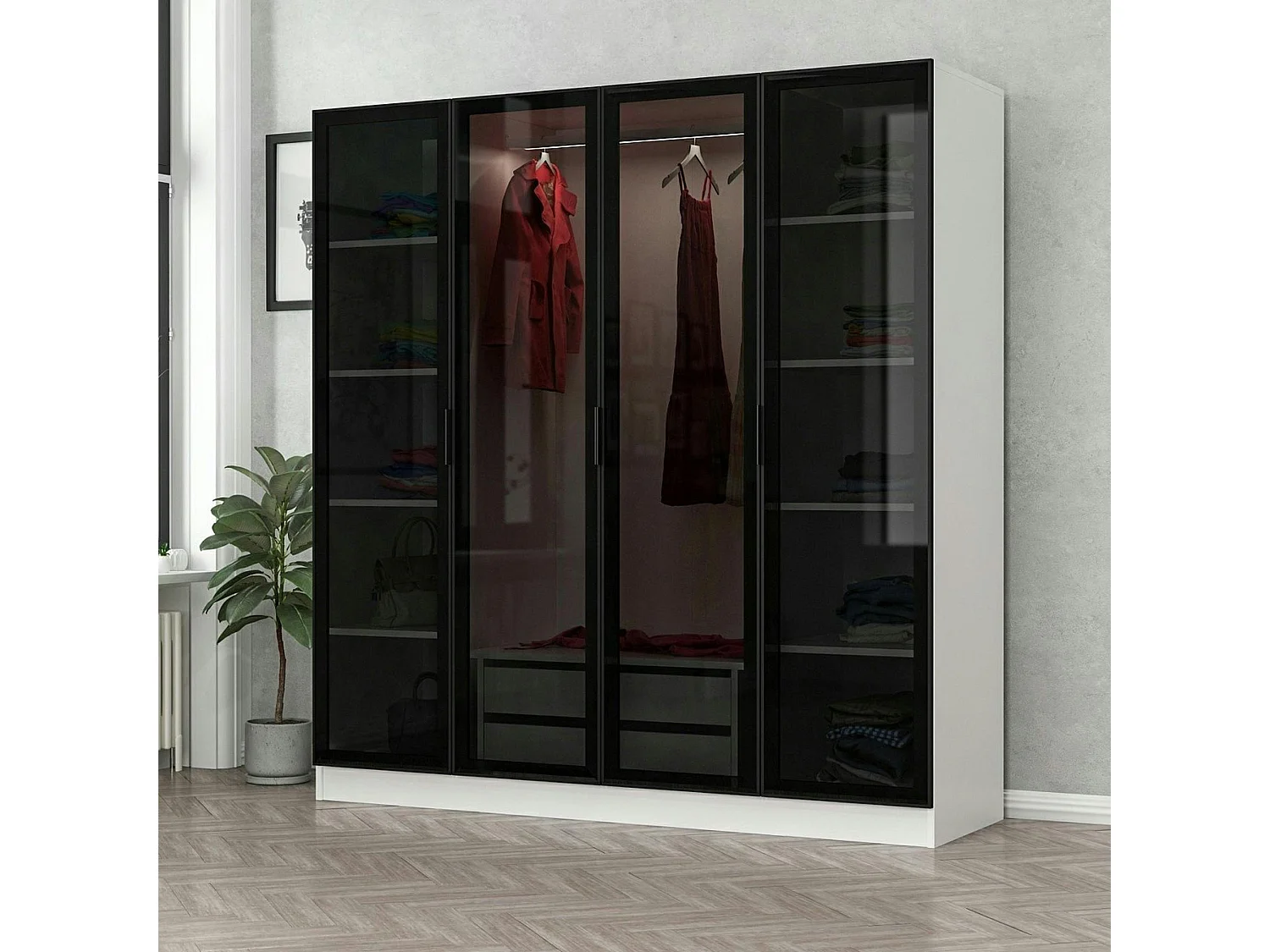 Armoire penderie blanche 4 portes vitrées H 190 cm BYRON