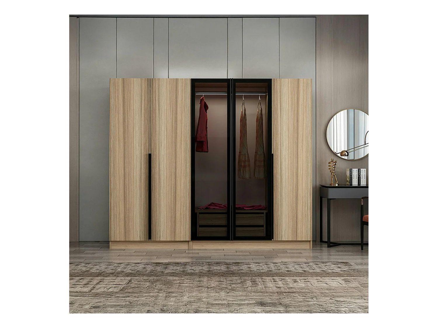 Armoire dressing design effet bois 2 portes vitrées BYRON