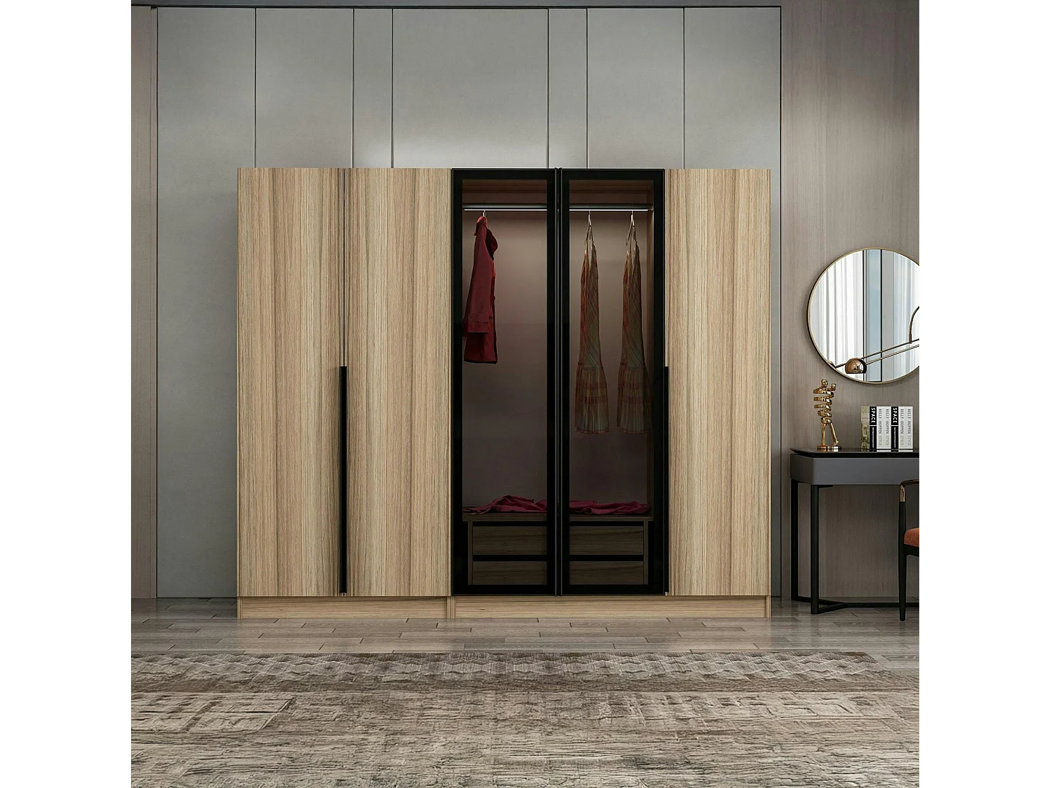 Armoire dressing design effet bois 2 portes vitrées BYRON