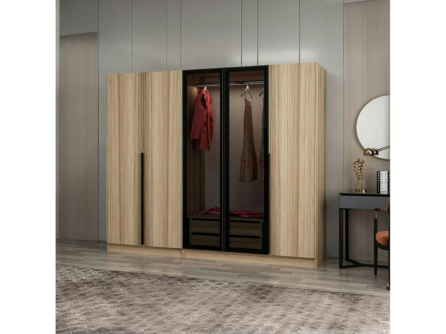 Armoire dressing design effet bois 2 portes vitrées BYRON