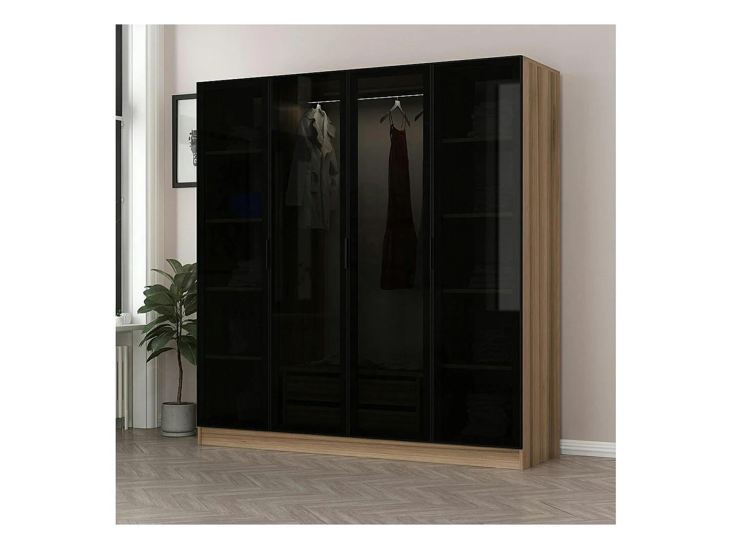 Armoire penderie design effet bois 4 portes verre H 210 cm BYRON