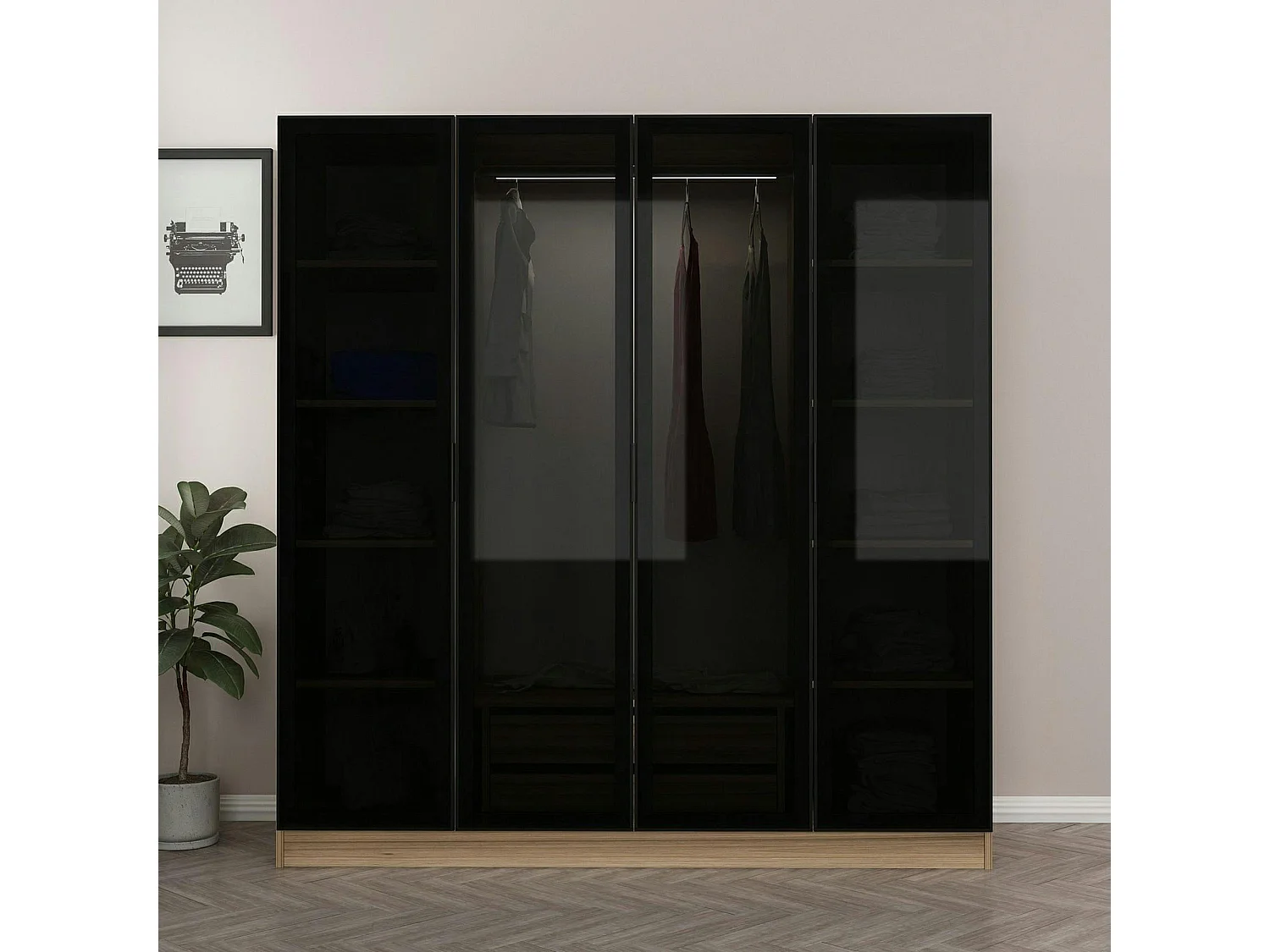 Armoire penderie design effet bois 4 portes verre H 210 cm BYRON