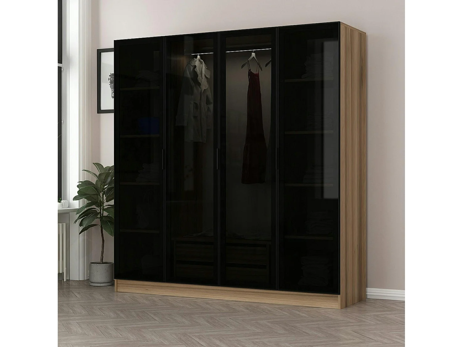 Armoire penderie design effet bois 4 portes verre H 210 cm BYRON