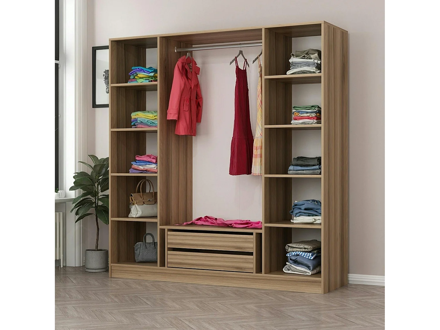 Armoire penderie design effet bois 4 portes verre H 210 cm BYRON