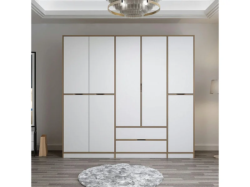 Armoire dressing chambre effet bois, 8 portes blanches BYRON