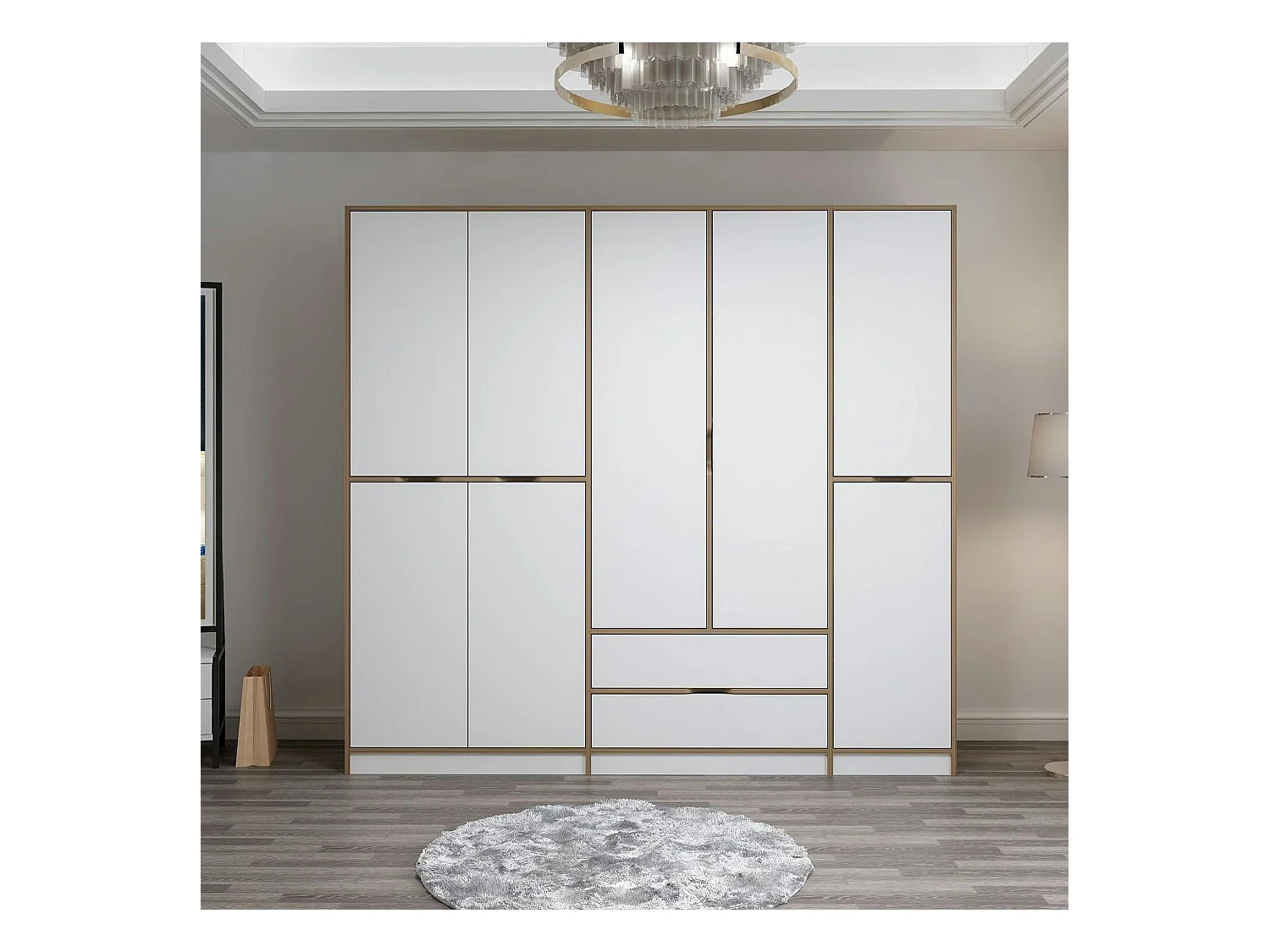 Armoire dressing chambre effet bois, 8 portes blanches BYRON