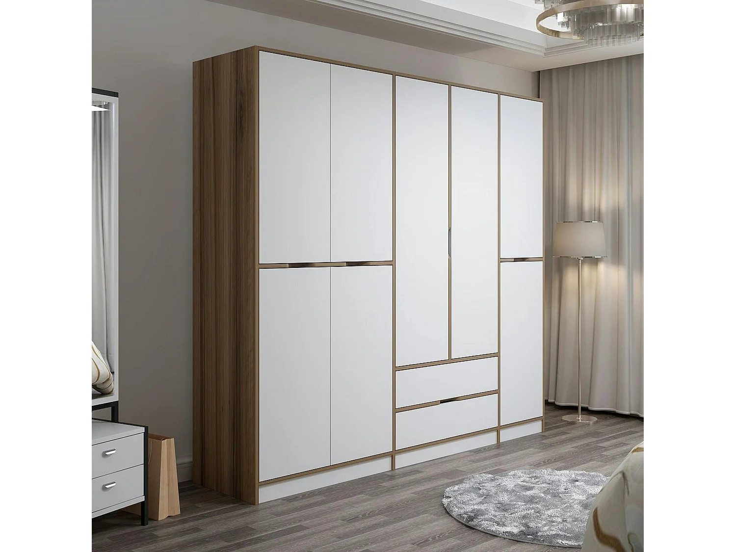 Armoire dressing chambre effet bois, 8 portes blanches BYRON