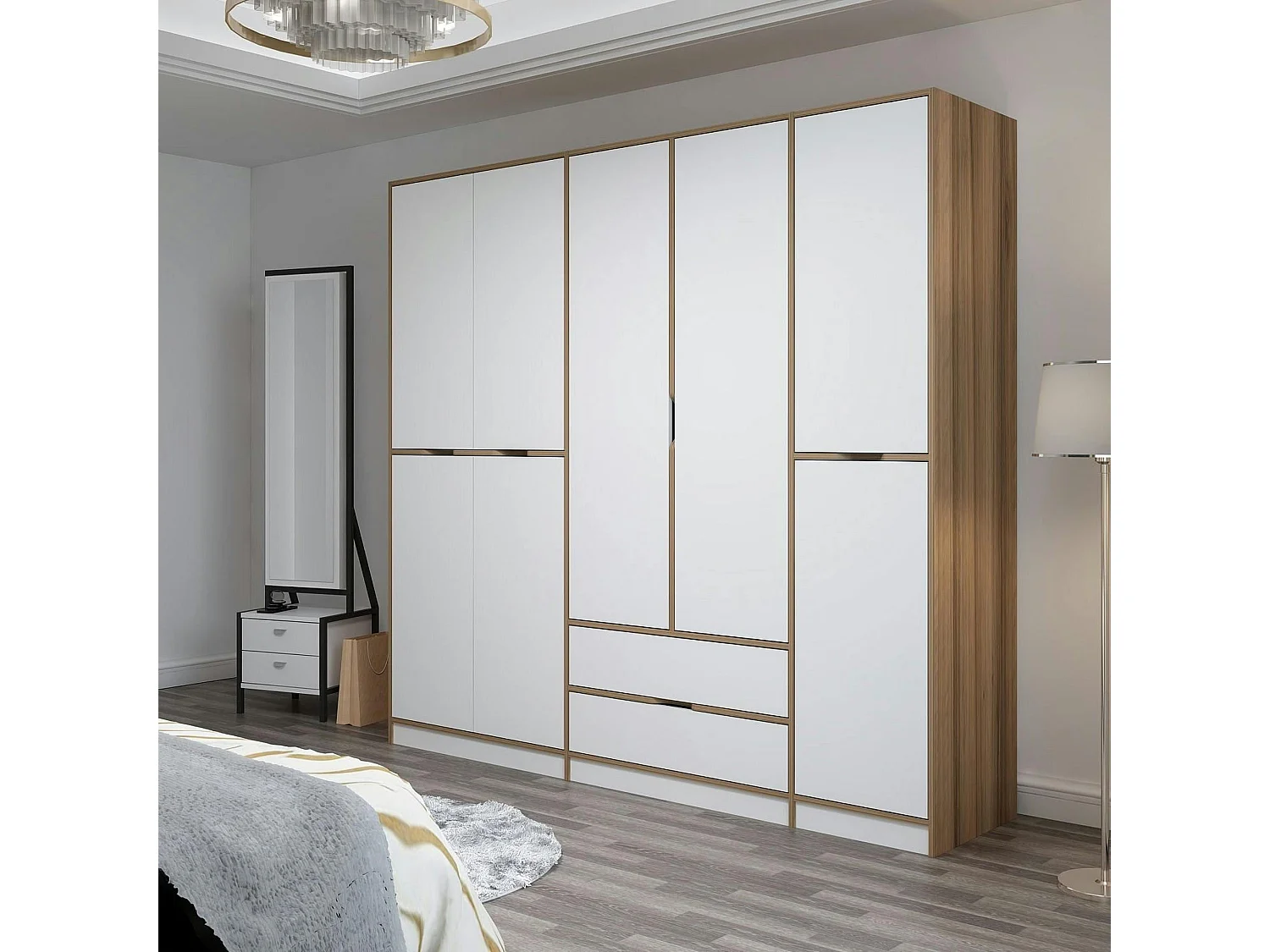 Armoire dressing chambre effet bois, 8 portes blanches BYRON