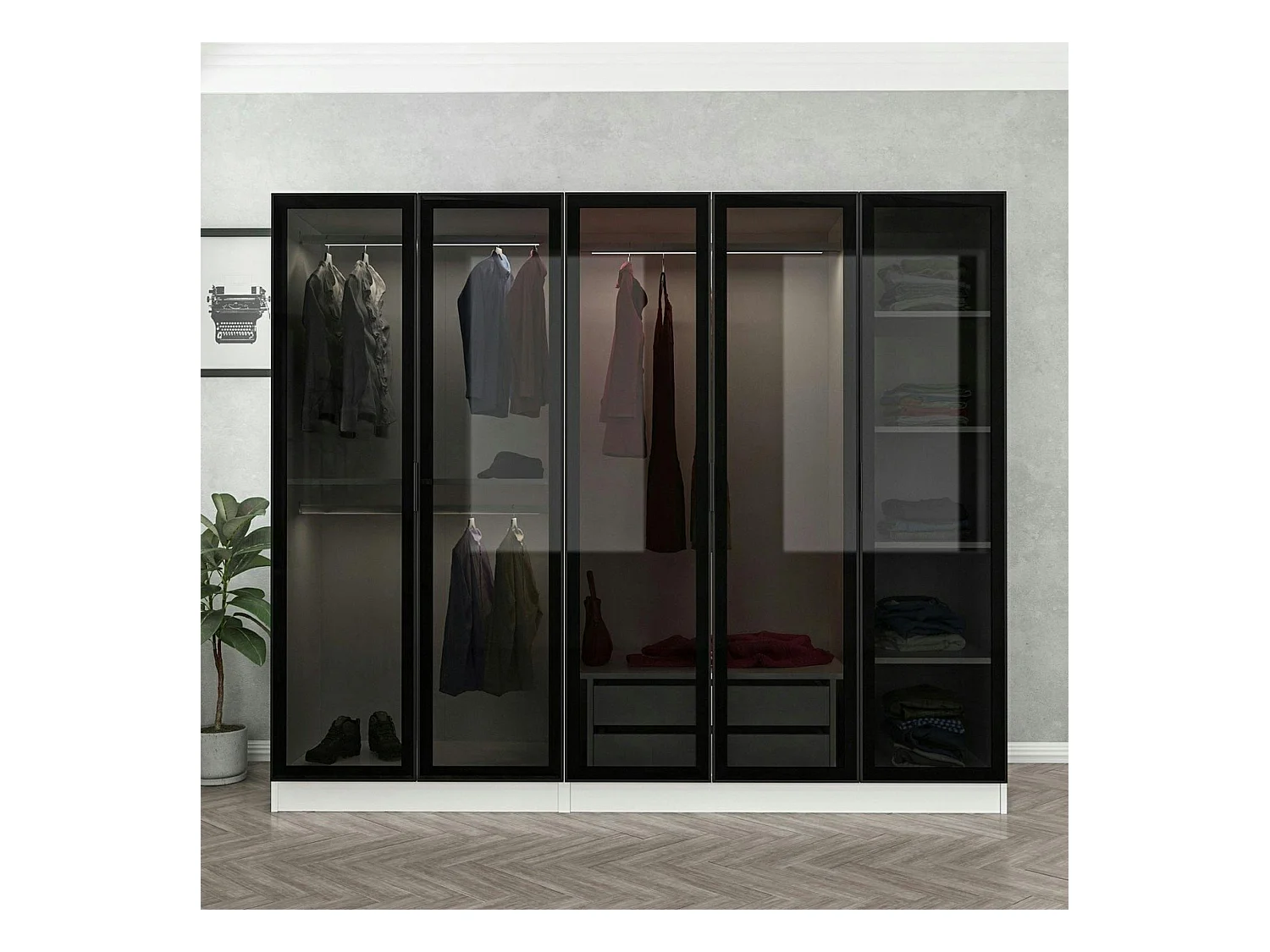 Armoire dressing design blanc 5 portes verre H 210 cm BYRON