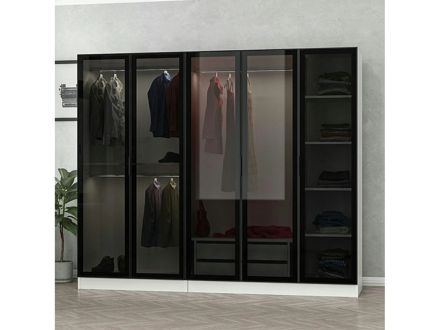 Armoire dressing design blanc 5 portes verre H 210 cm BYRON