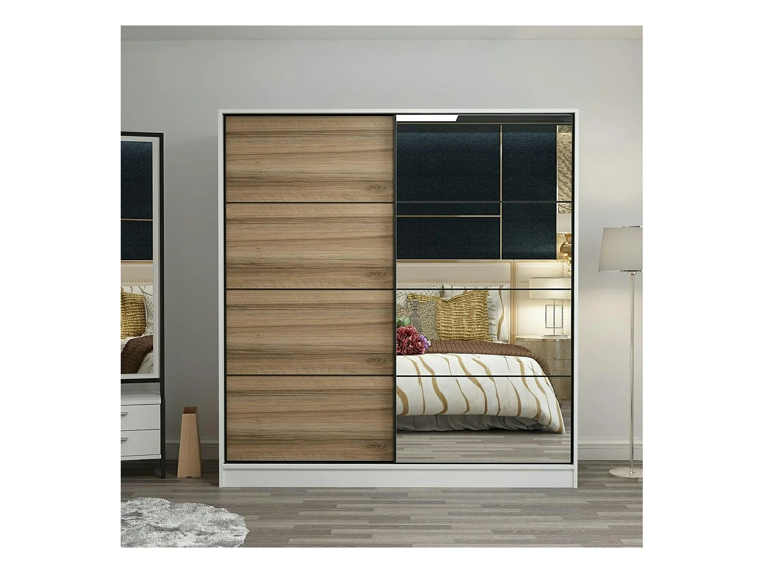 Armoire penderie blanche, porte effet bois et miroir BYRON