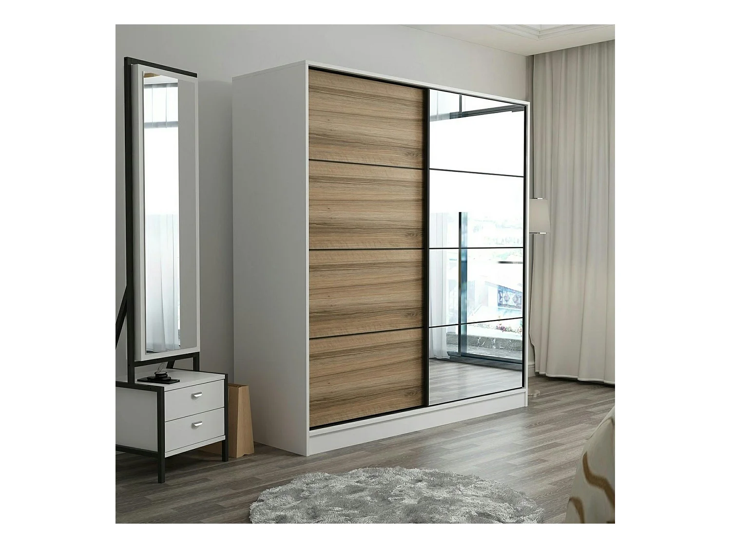 Armoire penderie blanche, porte effet bois et miroir BYRON