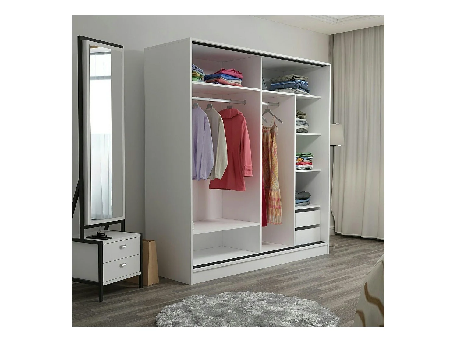 Armoire penderie blanche, porte effet bois et miroir BYRON