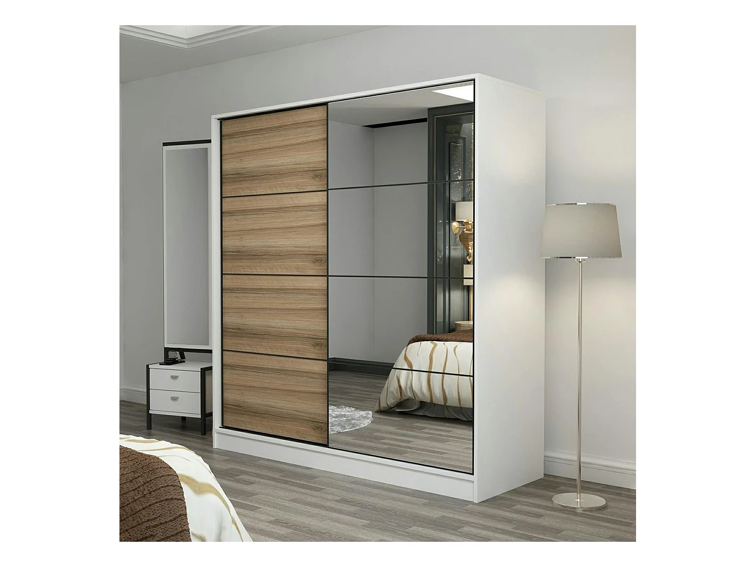 Armoire penderie blanche, porte effet bois et miroir BYRON