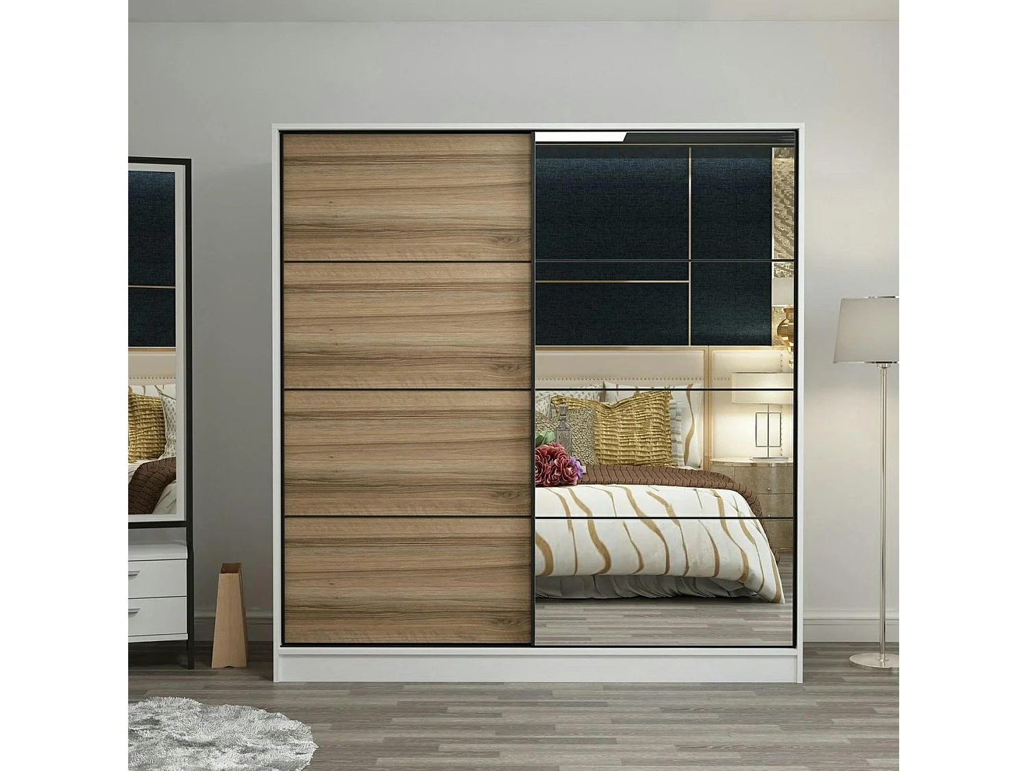 Armoire penderie blanche, porte effet bois et miroir BYRON